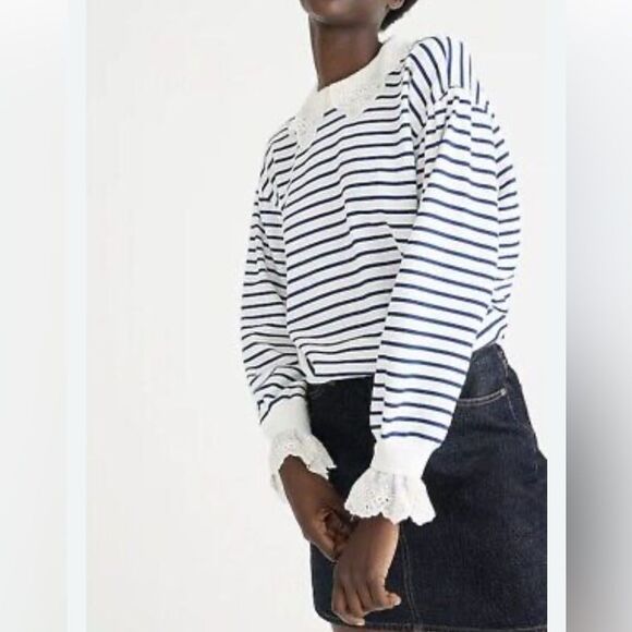 J. Crew French terry sweatshirt with lace trim Nautical Blue White Size Large - Picture 1 of 7
